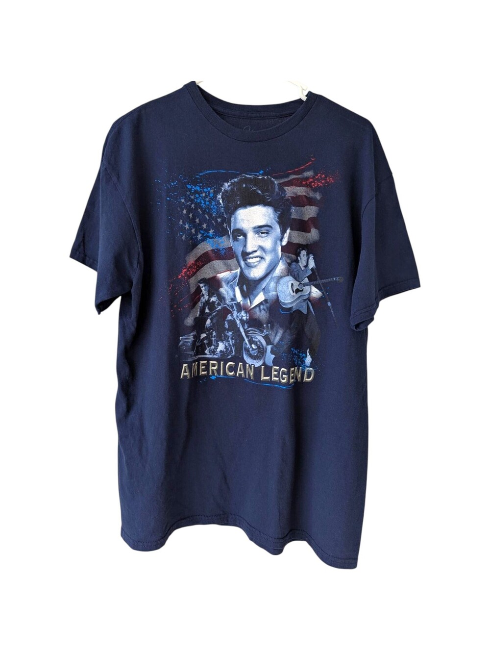 Elvis Presley Shirt Large Navy Blue American Legend Flag Graphic Biker Band Tee